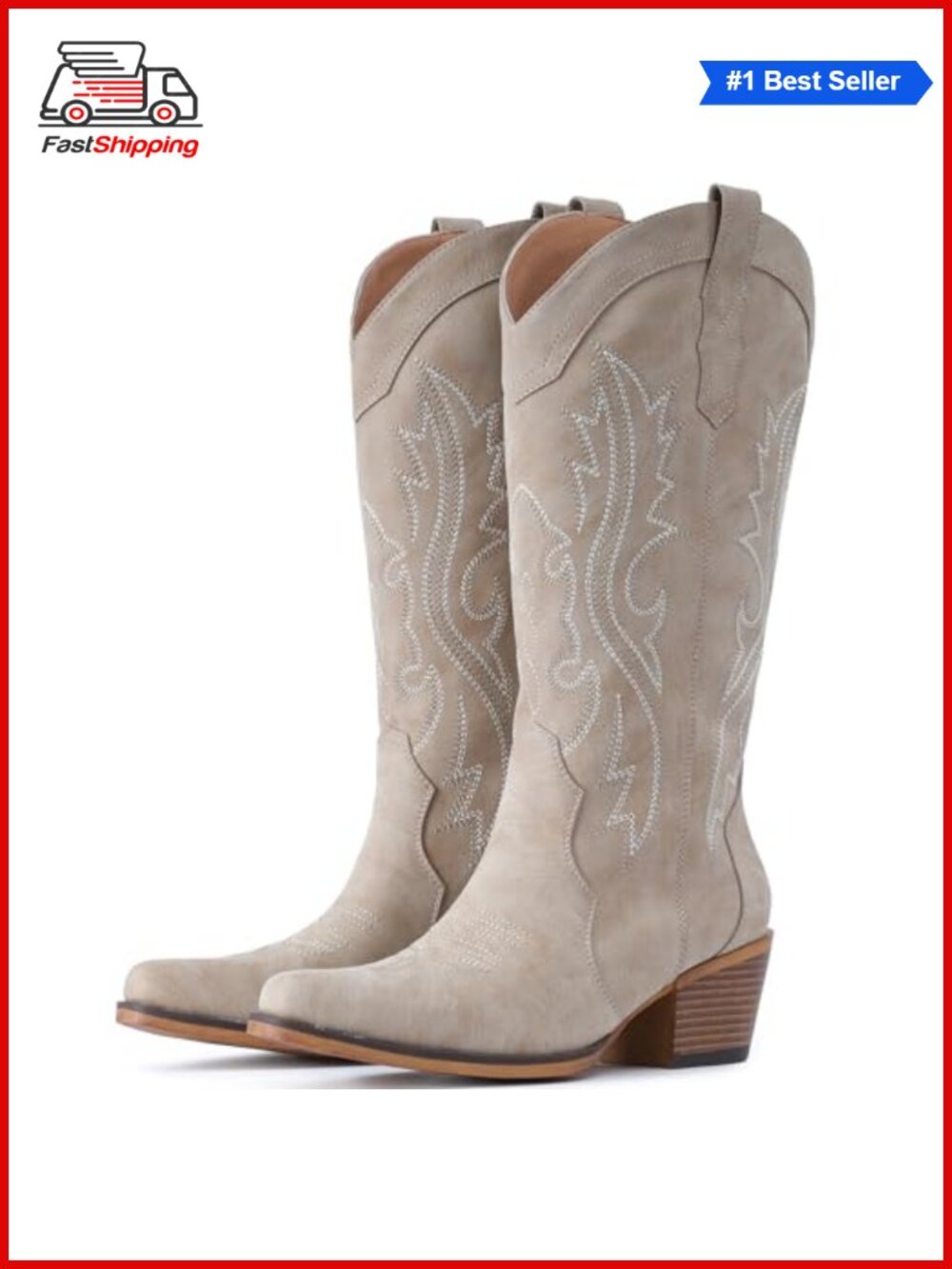 ✨IUV Women's Western Cowboy Boots Mid Calf Faux Leather Snip Toe